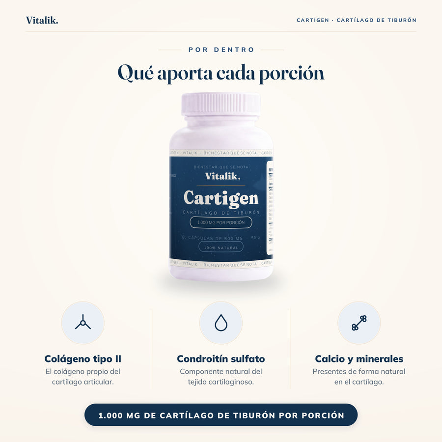 Qué aporta cada porción de Cartigen Vitalik: colágeno tipo II, condroitín sulfato, calcio y minerales